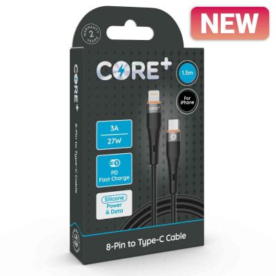 CORE+ 8-Pin to Type-C Cable 1.5m Silicone Black 3A/27W PD