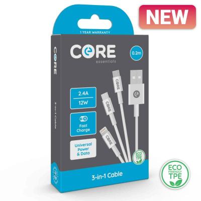 Core 3-in-1 Cable 0.2m TPE White 2.4A/12W Fast Charge